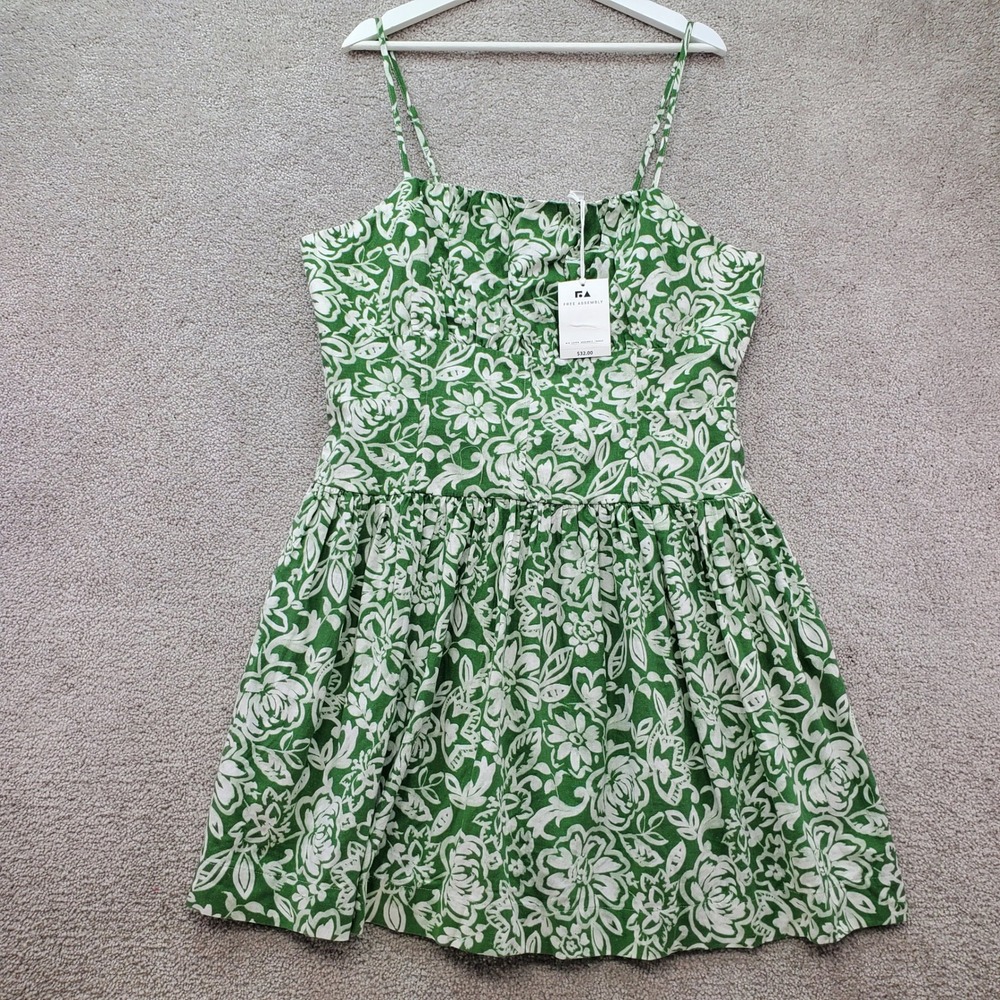 Free Assembly Mini Dress Womens XL Green White Floral Smocked Peasant Peplum Hem